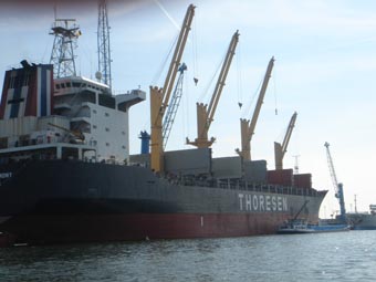 Buizen lossen op een zeeboot in Antwerpen Kallo